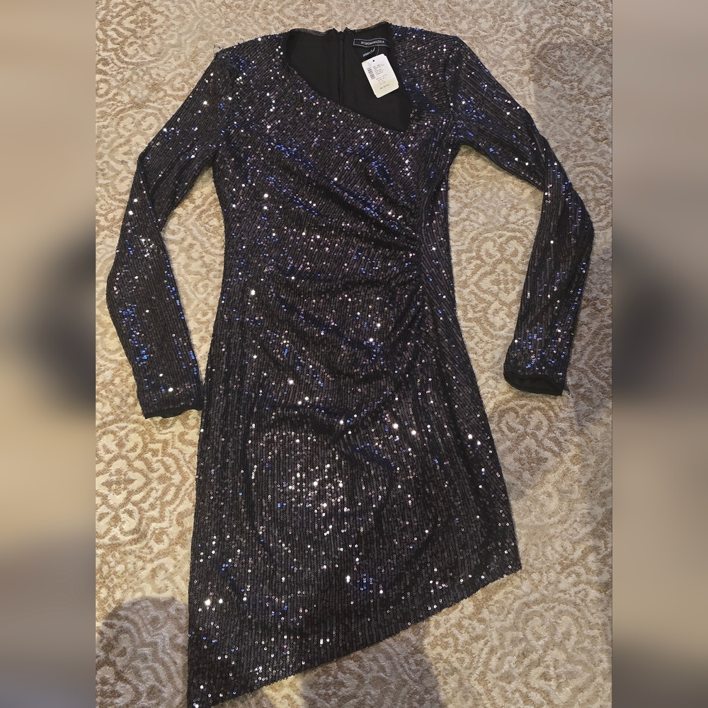 BCBGMaxAzria Black Sequin Asymmetrical Dress Size S